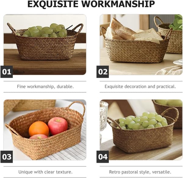 Retro Pastoral Style Storage Basket with Handle, Medium Khaki Seagrass and Iron Home Storage Organizer
