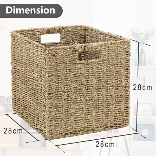 2 Storage Baskets, Hand-Woven Wicker Cube Basket 28 cm, Large Foldable Hyacinth Paper Basket with Handles, Decorative Basket for Bathroom