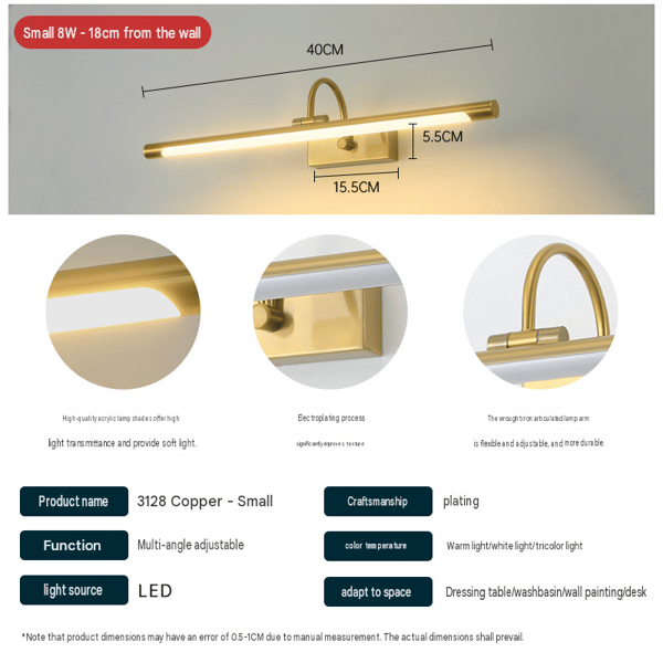 Dimmable picture light with adjustable brightness and three color temperature settings, featuring a rotatable head for angle adjustment. Gold Gold