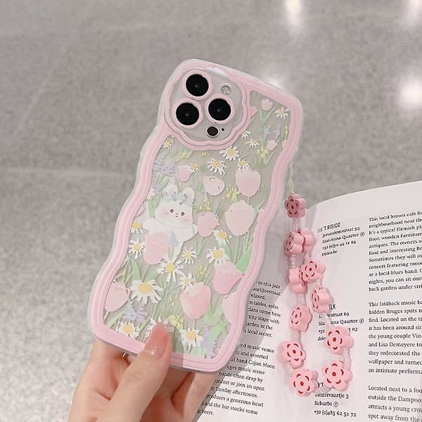 Kaninblomstret mobilskall for iPhone 13 Pro, transparent TPU-skall med håndleddsrem
