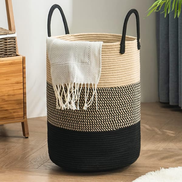 Tvättkorg Förvaringskorg för Smutsiga Kläder Bomullsrep 38cm(D) x50cm(H) Z-Brun Svart