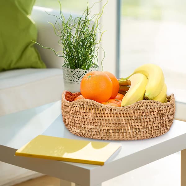 Rattan Storage Basket Woven Fruit Basket Round 28cm Bread Serving Basket Snacks Egg Storage Baskets Dining Table, Desk Countertop