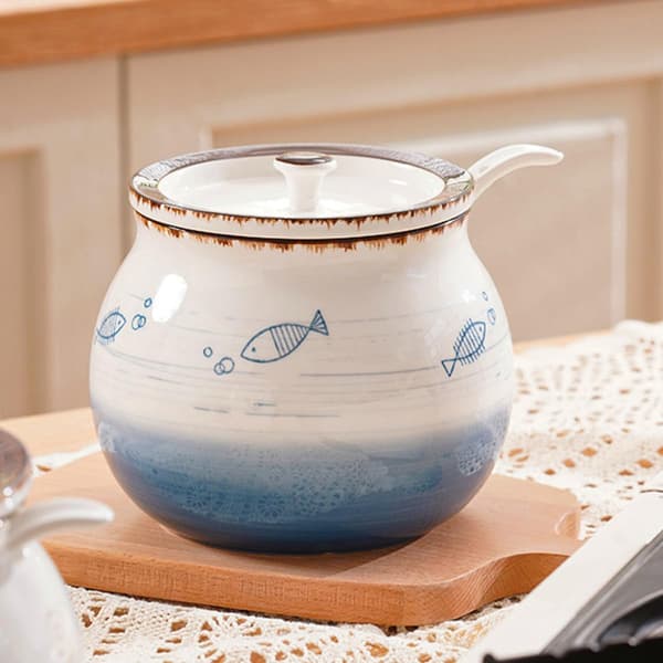 Oil Jar Storage Jar 1200 ml Ceramic Multifunctional Easy to Clean Lid Unique Design for Buffets and Parties