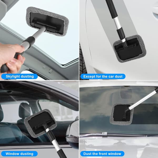 Car Window Cleaner, 180° Rotatable Windshield Brush with Long Extendable Handle and 6 Washable Pads compatible with Interior Exterior Window Cleaning