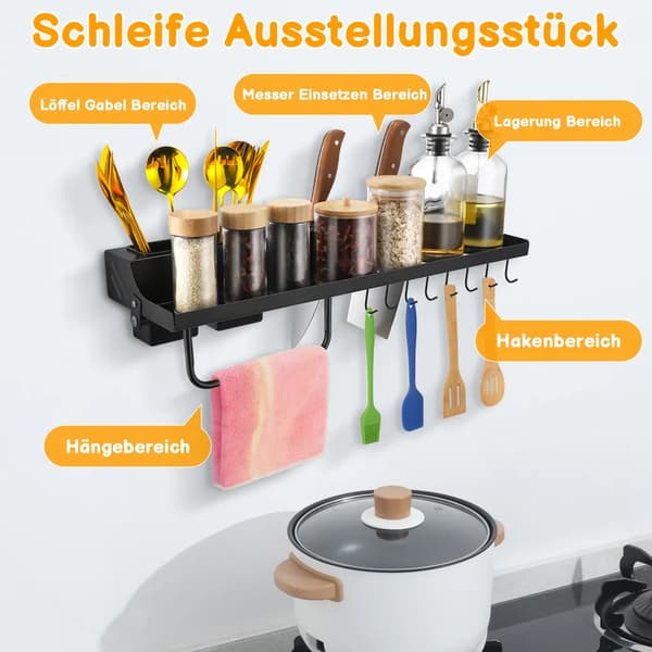 Spice Rack Wall, 50 cm Wall Mounted Kitchen Shelf with 8 Hooks, Hanging Kitchen Holder Without Drilling for Kitchen, Bathroom
