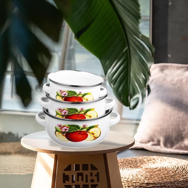 3 Pcs Small Enamel Pots, Flat Bottom Cookware, Enamel, Lightweight, One-Handed