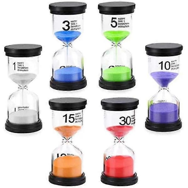 6 farger timeglass sett 1min/ 3min/ 5min/ 10min/ 15min/ 30min dekorasjon tidsmåler timer for barn