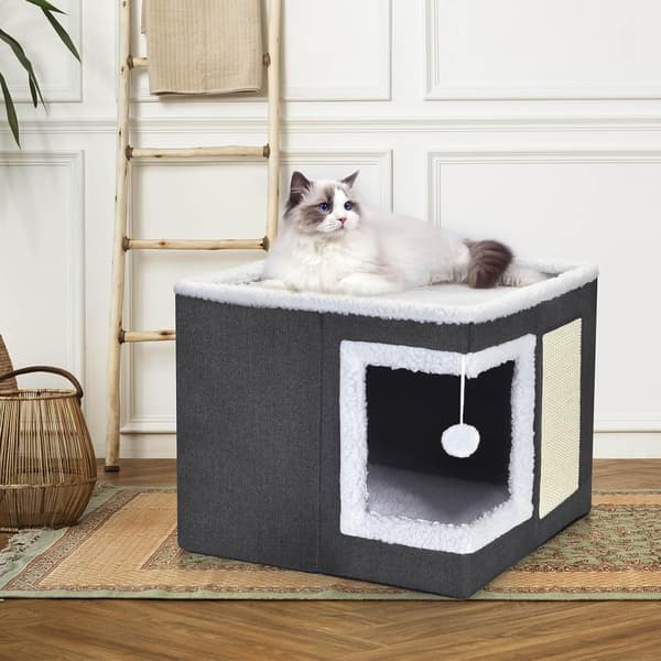 Large Covered Cat House, Luxury Cat Bed for Indoor Cats, with Scratching Post, Foldable Cat Hole and Reversible Mat