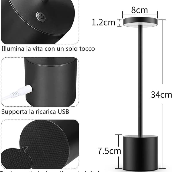 Trådløs bordlampe, oppladbart batteri, 2 lysstyrker, nattbordslampe KLB