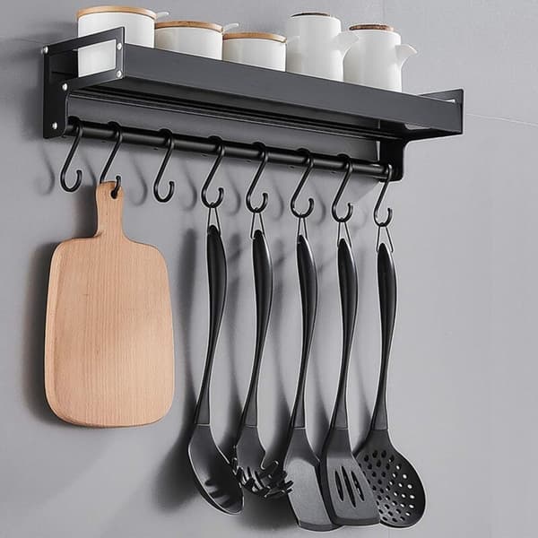 Spice Rack, Wall Mounted Kitchen Storage, No Drilling Required, Spice Holder with 8 Removable Hooks, Can Hold Spices, Hang Spatulas, Spoons