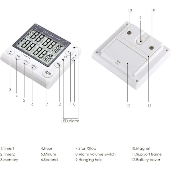 2-channel timer with clock Kitchen timer Alarm clock Digital minute/second Timer Table clock Electric clock for kitchen