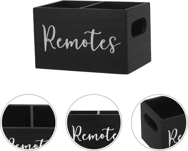 Wooden Remote Control Holder with Multiple Compartments, Desktop Storage Box, Rustic Black Organizer