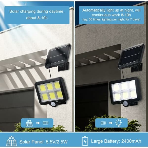 Utendørs solcellelamper 2 stk bevegelsessensor utendørslamper 120 IP65 vanntette utendørs solcellelamper med 5m kabel 3 moduser solcellelyskaster for hage
