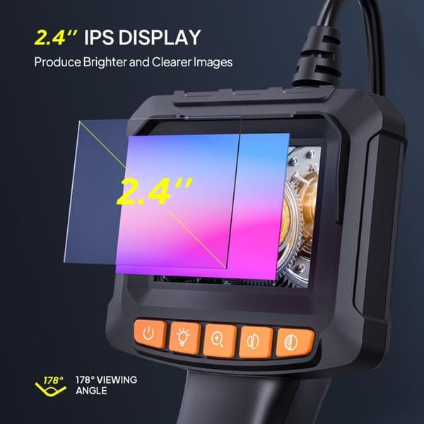 Endoscope Camera, 1080P HD Endoscope, IP67 Waterproof 2.4 Inch IPS Screen Pipe Inspection Camera, 5M Semi-Rigid Cable, 8 Adjustable LED Lights