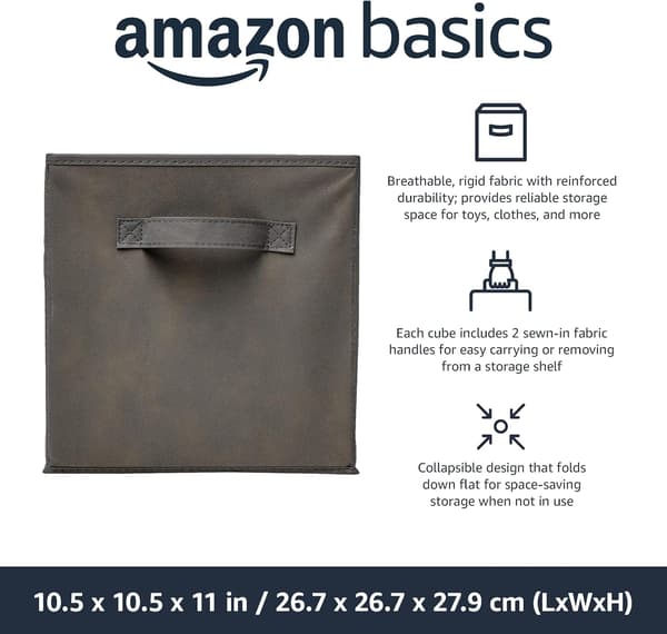 Foldable Fabric Storage Cube/Organizer with Handles, 6-Pack, Solid Gray, 10.5 x 10.5 x 11 inches