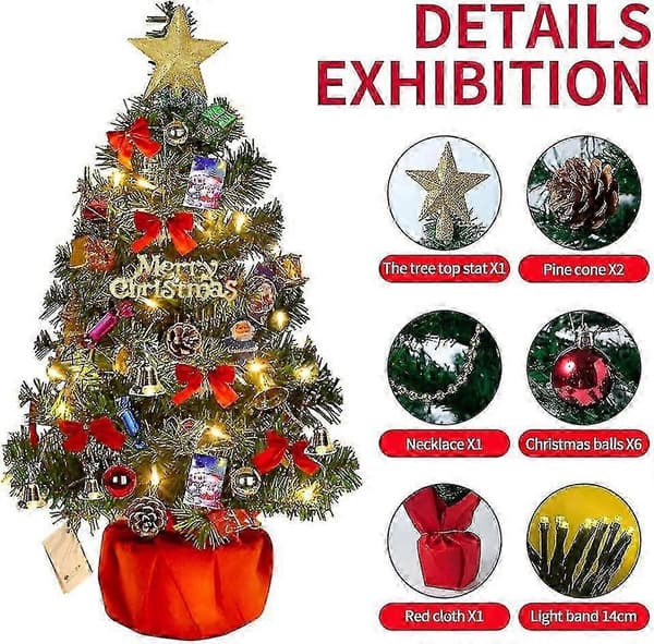 Christmas Tree 60 cm, Artificial Christmas Tree, Mini Christmas Tree With Illuminated Garland And Decorations