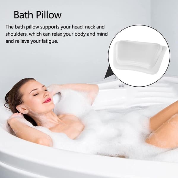 Waterproof Bath Pillow, 3D Ergonomic PU Neck and Head Support with 2 Non-Slip Suction Cups for Home Bathtub, White White