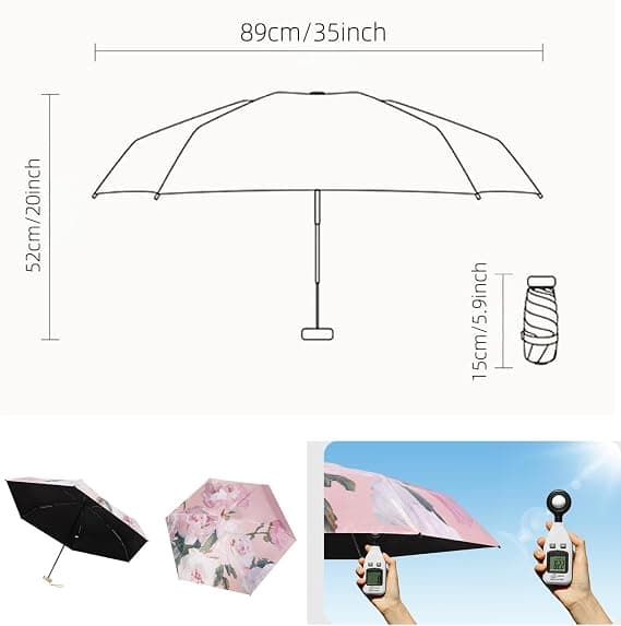 Mini foldbar paraply, regn- og solbeskyttelse dobbeltbrug, blomsterdesign, UPF50+ sort belægning til UV-beskyttelse, vindtæt lomme paraply til kvinder.