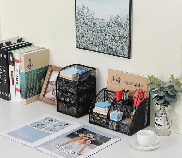 Mesh Desk Organizer with 3 Small Drawers, Desktop Organizer, Office Supplies Holder