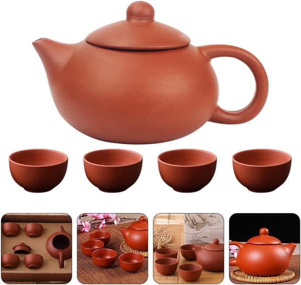 Handmade Antique Purple Clay Teapot with 4 Cups, Ceramic Pu-erh Tea Brewing Pot