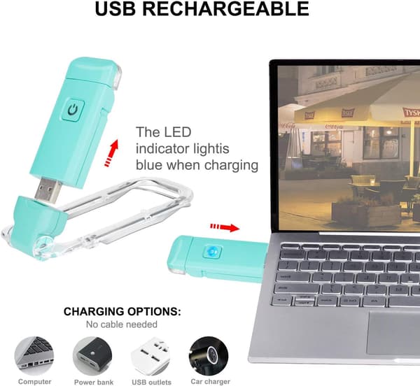 Blå USB-genopladelig boglampe til læsning i sengen, clip-on LED