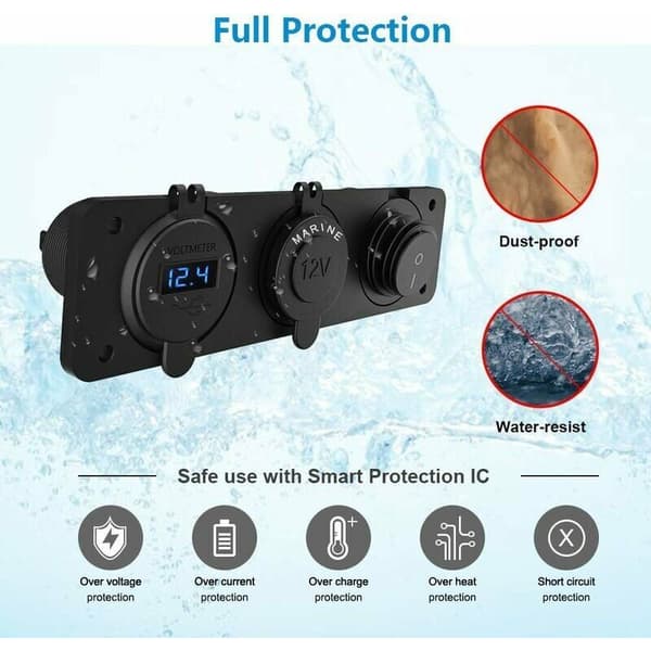 12V - 24V Dual QC3.0 Cigarette Lighter Splitter with LED Display, Voltmeter, USB Plug, Waterproof Switch - for Car, Boat, Motorcycle, Truck.
