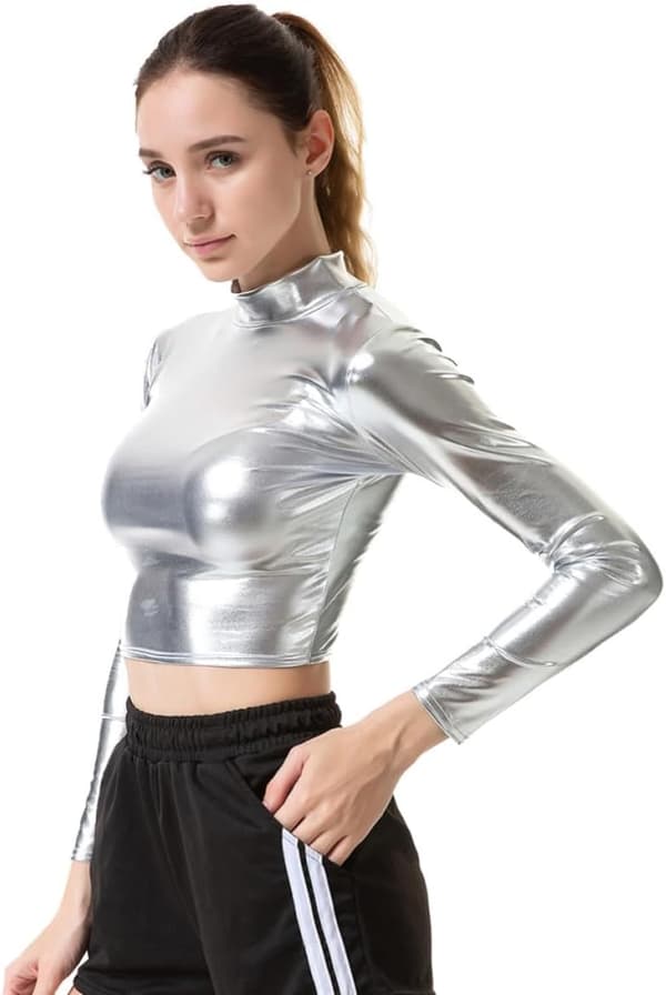 Sølv Bustier Kostyme for Kvinner i Polyester, Ensfarget Langermet