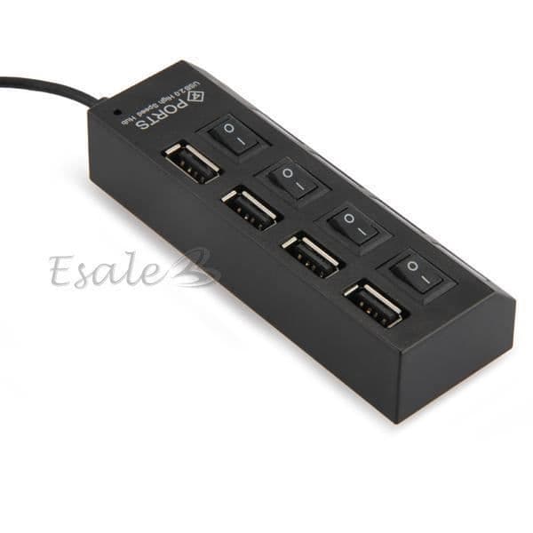 Black USB 2.0 HUB 4 Ports 480 Mbps with LED Switch for PC Tablet