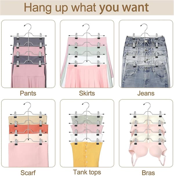 4-Tier Metal Hangers with Adjustable Non-Slip Clips, Space-Saving for Women's Closet Organization, Black, 4-Pack