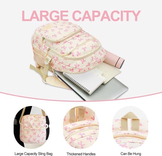 Backpack - Women's Backpack - Bow Backpack - 3-Piece Women's Backpack Set - Large Capacity School Backpack - Shoulder Bag & Crossbody Bag - Nylon Backpack