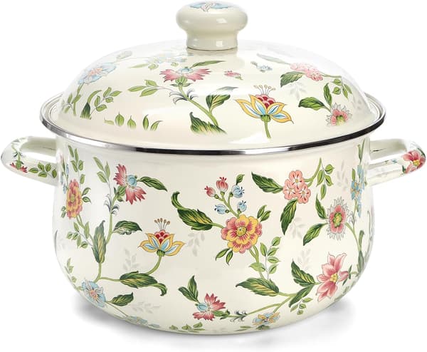 5 Quart Emaljerad Gryta med Lock, Grön Blommig Emaljköksgryta Dubbla Handtag för Spishäll, Stor Soppgryta Mor
