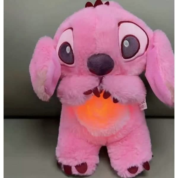 Beroligende Stitch kosedyr med pustebevegelse, angstdempende Stitch, rytmisk pust for barn og voksne ved søvn, rosa pink