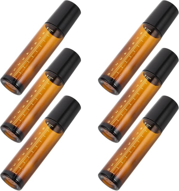 6 st 10 ml bärnstensfärgade glasflaskor med rullkork, läckagesäkra, påfyllningsbara för eteriska oljor och parfym, resevänliga med skala och svart kork