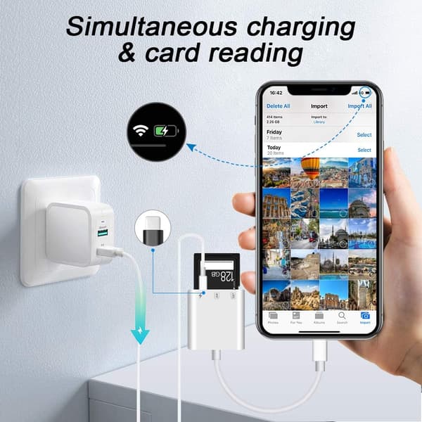SD/Micro SD-kortleser for telefon/Pad Plug and Play, SD-minnekortadapter med samtidig lesing og lading