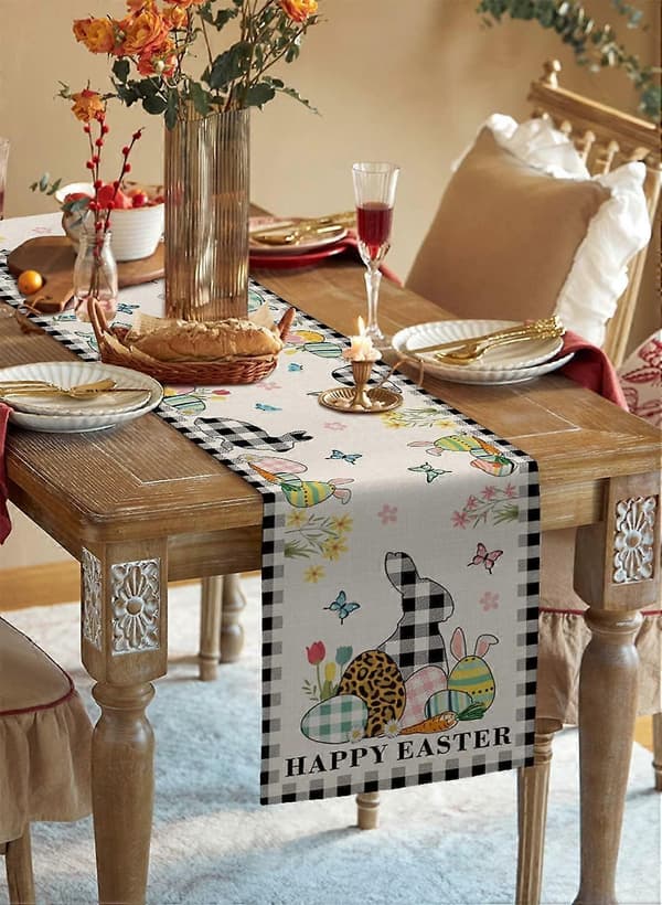 Plaid Bunny Easter Egg Table Runner 13 x 72 inch for Easter Decoration Home Kitchen Dining (FMY)