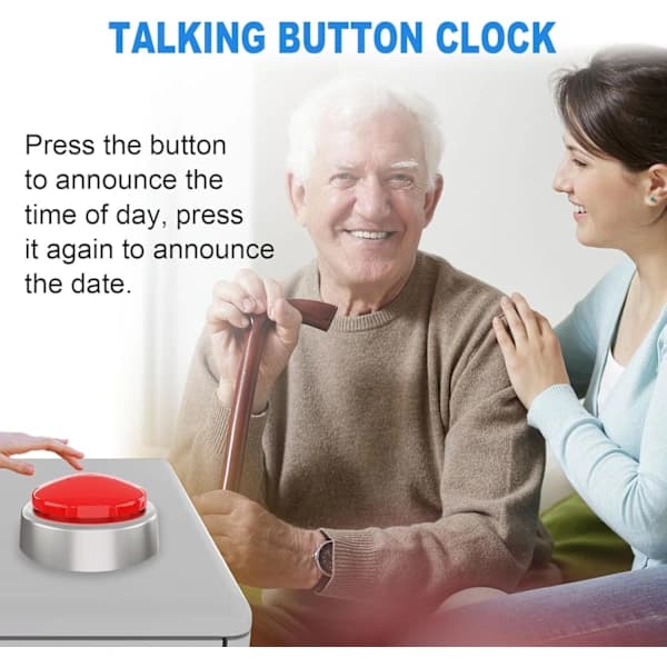 Talking alarm clock with voice message for time, date and day, large button for the blind, elderly and visually impaired, red silver