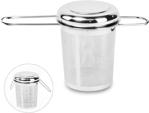 Tesil i rustfrit stål med finmasket filter, med foldbart håndtag og låg, til at hænge og brygge løs te og kaffe-FA-