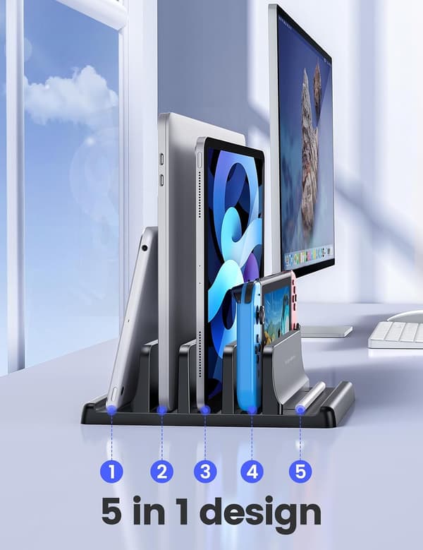 1 pc Vertical Laptop Stand 3 Slots, Laptop Holder for Desk with Adjustable Width, Office Desk Tablet Stand Space Saving - Black