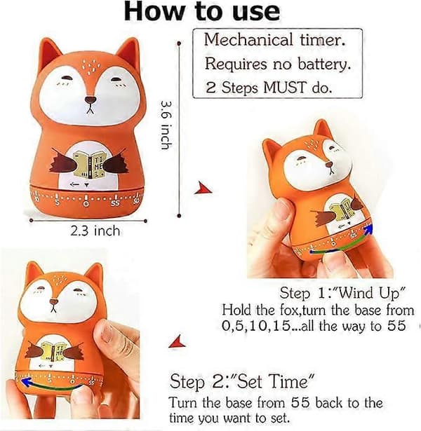 Mechanical Kitchen Timer, Cute Animal Timer for Kids, Wind Up 60 Minute Manual Countdown Timer for Classroom, Home, Study, and Cooking (Orange Fox)