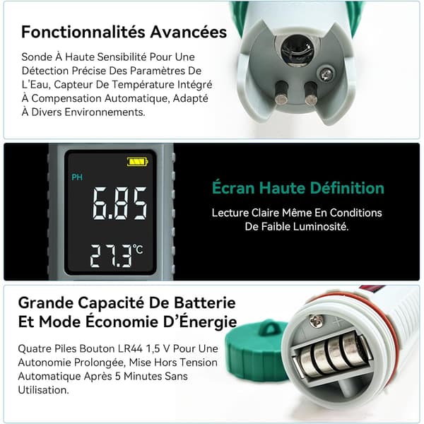 pH-måler (± 0,01), 5-i-1 PH, TDS, EC, saltholdighed, termometer, højpræcisions pH-tester til pool med baggrundsbelyst LED-display