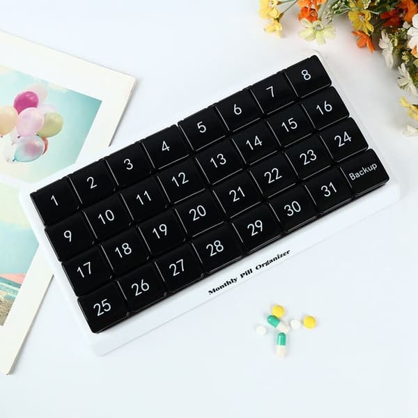Monthly Pill Box 31 Compartments, 1 Per Day, 4 Weeks Months 31 Days Pill Box, Black