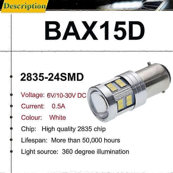 Pair BAX15D LED Bulb 2835 24SMD White Light For Moto Motorcycle Scooter ATV UTV Front Headlight Car Auto Tail Light 6V 12V.
