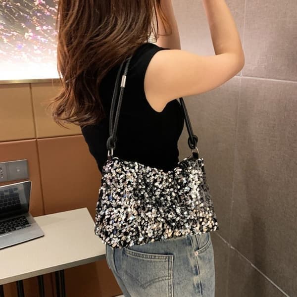 Sequin bag, shoulder bag (underarm style), silver silver