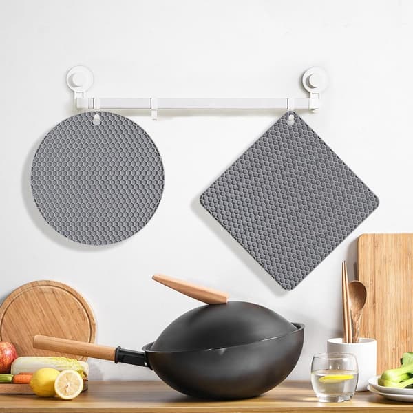 4 Pot Holders (2 Square + 2 Round) - Silicone Pot Holders, Heat Resistant Countertops - Grey