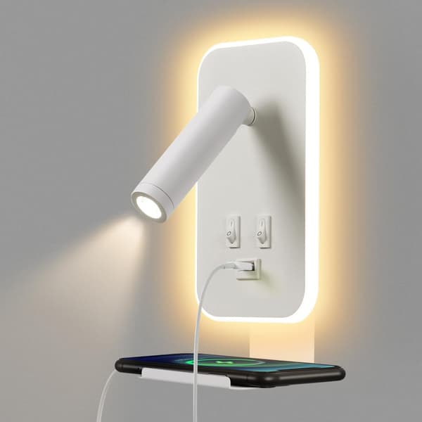 LED-vegglampe, sengeleselampe med bryter, med USB-ladeport og hylle, hvit