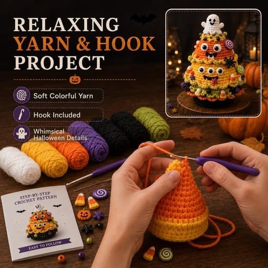 DIY Halloween-træ hæklekit - Inkluderer dekorationer formet som spøgelse, græskar, heks og candy corn - Legende efterårs-håndarbejdssæt