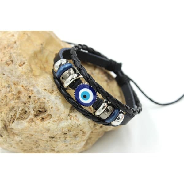 Flettet læderarmbånd med ondt øje, armbånd med håndledsrem