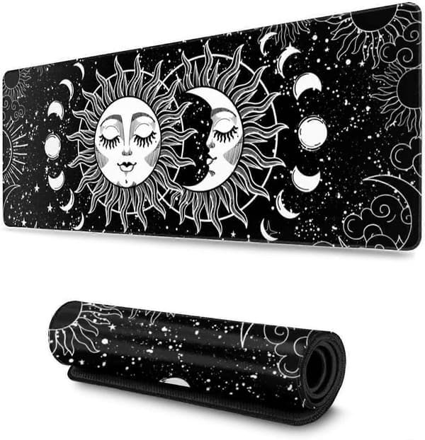 Gamingmusematte Ekstra Stor Astrologi Utvidet Stor Musematte Lang Skrivebordsmatte med Sydde Kanter 80x30x0.3cm, Måne og Sol
