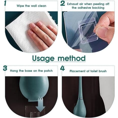 Flexible Silicone Toilet Brush - Wall Mounted, Drill-Free - Quick Drying - Effectively Cleans Corners - 2-Piece Set