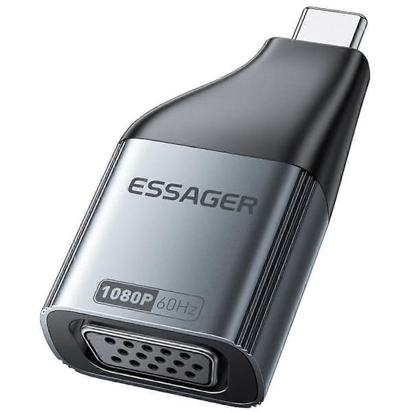 ESSAGER VGA til Type-C HD Videoadapter Aluminiumlegering Konverter for Skjerm HDTV Projektor